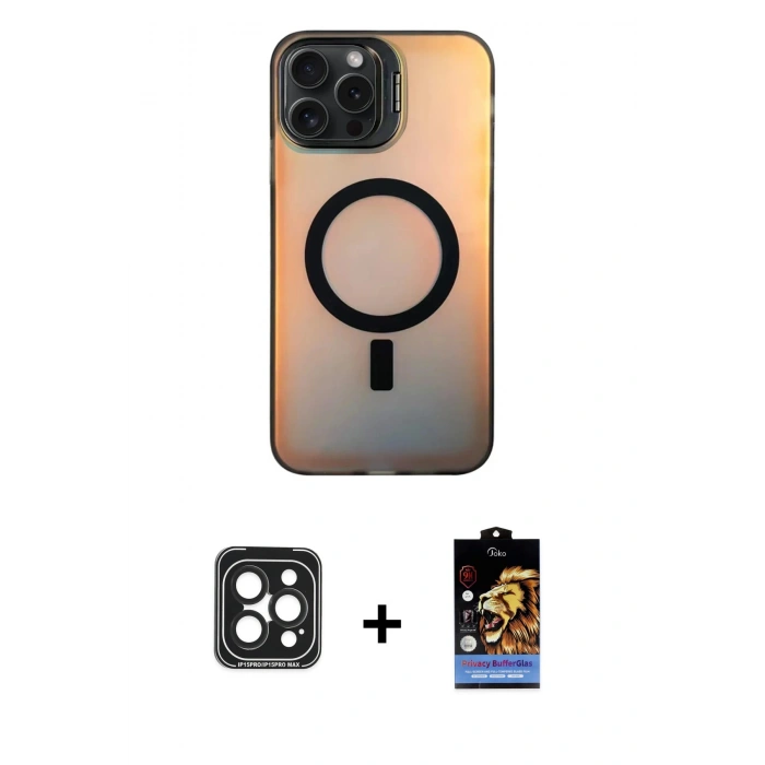 MARSİLYAN™- iPhone 15 Pro Max Kılıf Doruk Klasik Prime - Siyah Buffer Hayalet Cam Ekran Koruyucu + PVD Metal Kamera Lens - SH