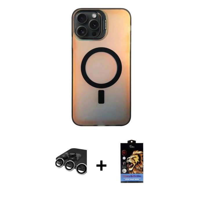 MARSİLYAN™- iPhone 15 Pro Max Kılıf Doruk Klasik Prime - Siyah Buffer Hayalet Cam Ekran Koruyucu + Raze Metal Kamera Lens - GS