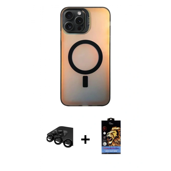 MARSİLYAN™- iPhone 15 Pro Max Kılıf Doruk Klasik Prime - Siyah Buffer Hayalet Cam Ekran Koruyucu + Raze Metal Kamera Lens - SH