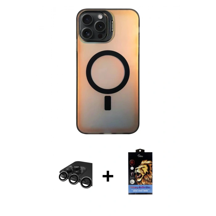 MARSİLYAN™- iPhone 15 Pro Max Kılıf Doruk Klasik Prime - Siyah Buffer Hayalet Cam Ekran Koruyucu + Raze Metal Kamera Lens - TMGI