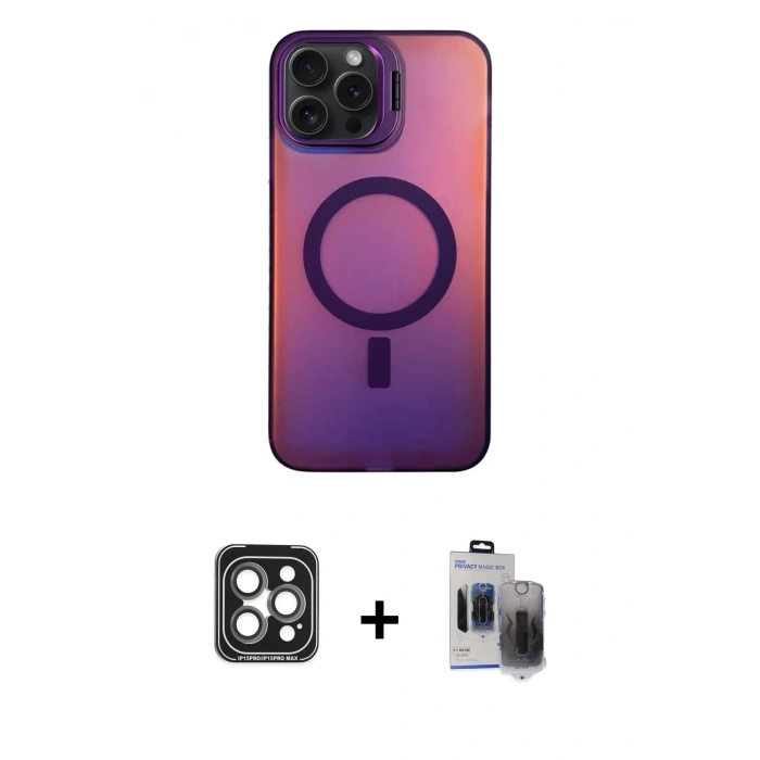 MARSİLYAN™- iPhone 15 Pro Max Kılıf Doruk Klasik Prime - Siyah Vanessa Magic Hayalet Cam + PVD Metal Kamera Lens - GI