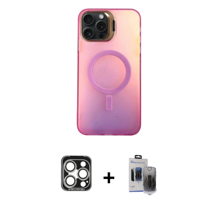 MARSİLYAN™- iPhone 15 Pro Max Kılıf Doruk Klasik Prime - Siyah Vanessa Magic Hayalet Cam + PVD Metal Kamera Lens - GS