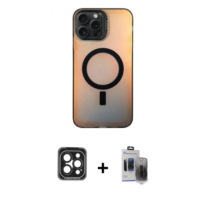 MARSİLYAN™- iPhone 15 Pro Max Kılıf Doruk Klasik Prime - Siyah Vanessa Magic Hayalet Cam + PVD Metal Kamera Lens - SH