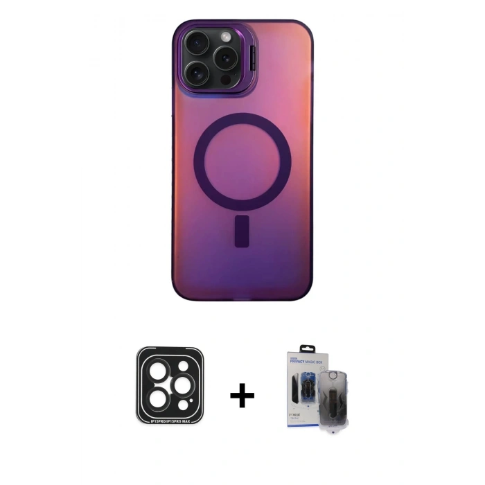 MARSİLYAN™- iPhone 15 Pro Max Kılıf Doruk Klasik Prime - Siyah Vanessa Magic Hayalet Cam + PVD Metal Kamera Lens - SH