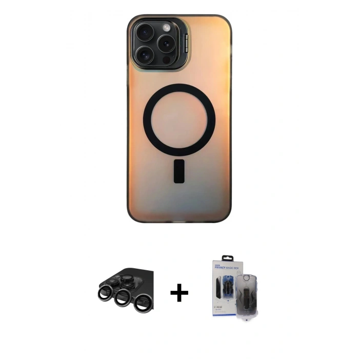 MARSİLYAN™- iPhone 15 Pro Max Kılıf Doruk Klasik Prime - Siyah Vanessa Magic Hayalet Cam + Raze Metal Kamera Lens - TMGI