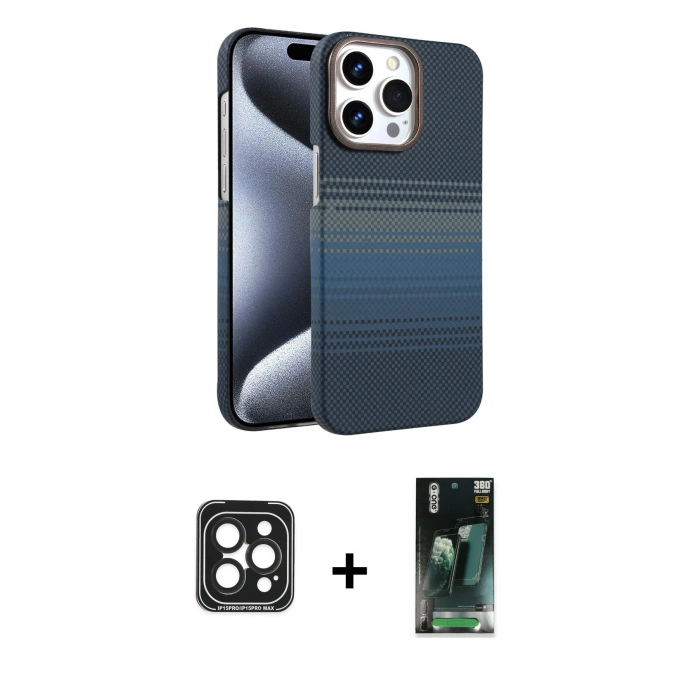 MARSİLYAN™- iPhone 15 Pro Max Kılıf Doruk Serisi - Şeffaf 360 Full Body Arka Koruyucu + PVD Metal Kamera Lens - SH