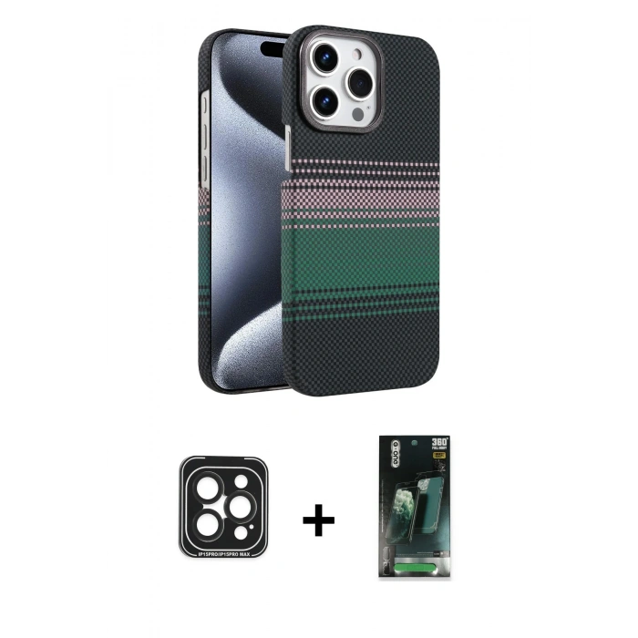MARSİLYAN™- iPhone 15 Pro Max Kılıf Doruk Serisi - Şeffaf 360 Full Body Arka Koruyucu + PVD Metal Kamera Lens - SH