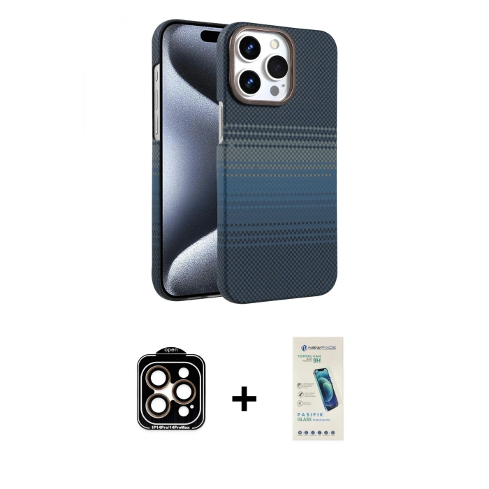 MARSİLYAN™- iPhone 15 Pro Max Kılıf Doruk Serisi - Şeffaf Pasifik Cam Ekran Koruyucu + PVD Metal Kamera Lens - TU