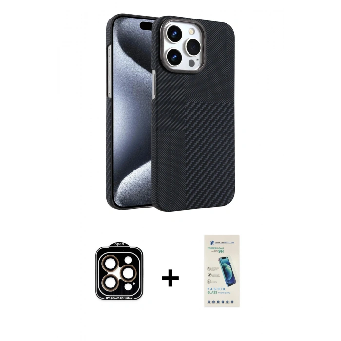 MARSİLYAN™- iPhone 15 Pro Max Kılıf Doruk Serisi - Şeffaf Pasifik Cam Ekran Koruyucu + PVD Metal Kamera Lens - TU