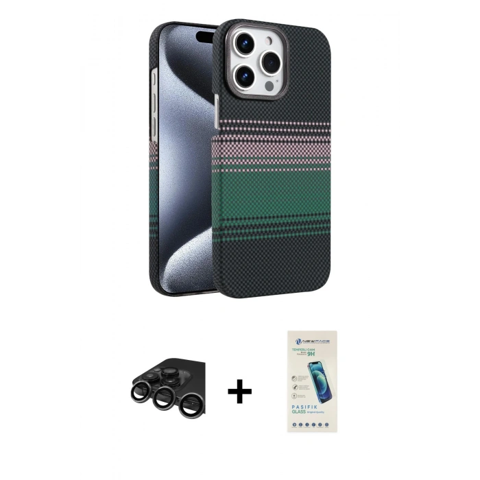 MARSİLYAN™- iPhone 15 Pro Max Kılıf Doruk Serisi - Şeffaf Pasifik Cam Ekran Koruyucu + Raze Metal Kamera Lens - TMGI