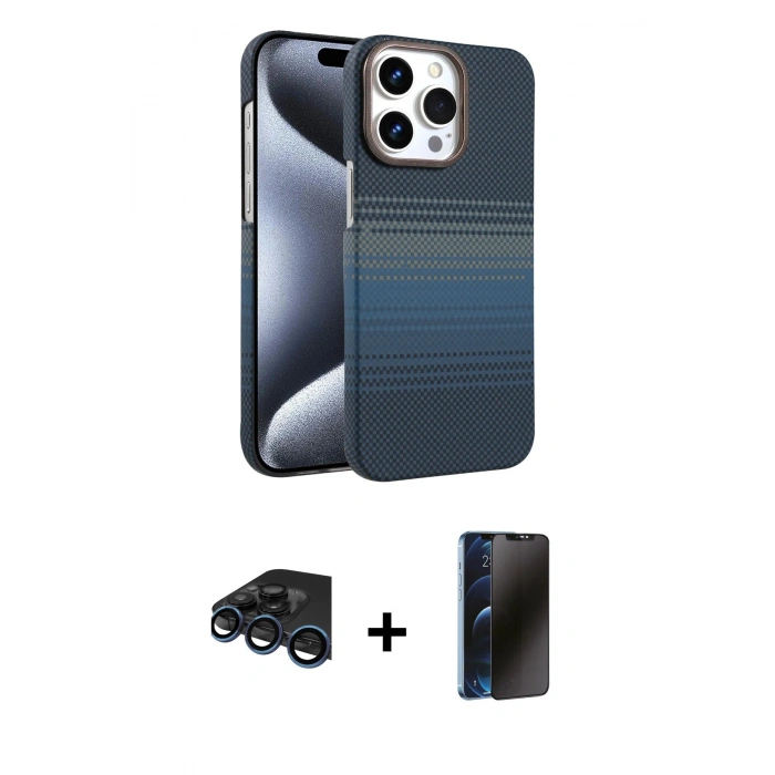 MARSİLYAN™- iPhone 15 Pro Max Kılıf Doruk Serisi - Siyah 3D Antistatik Hayalet Cam Ekran Koruyucu + Raze Metal Kamera Lens - LT