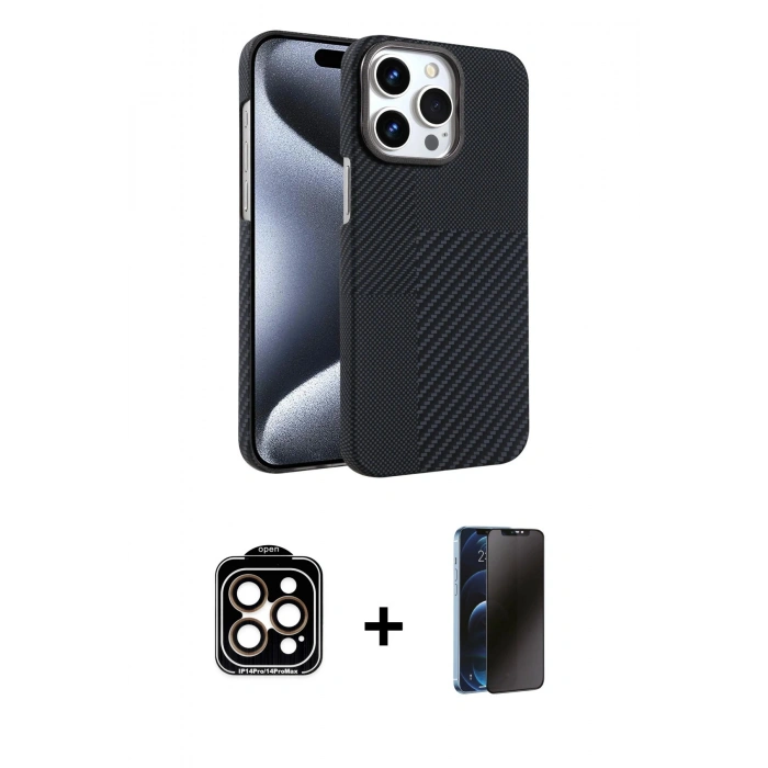 MARSİLYAN™- iPhone 15 Pro Max Kılıf Doruk Serisi - Siyah 3D Antistatik Hayalet Cam Ekran Koruyucu + PVD Metal Kamera Lens - TU