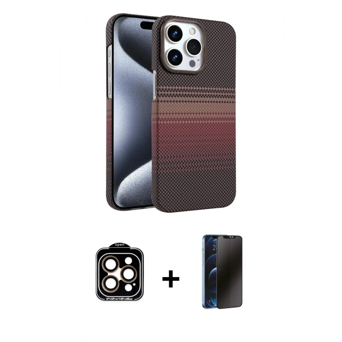 MARSİLYAN™- iPhone 15 Pro Max Kılıf Doruk Serisi - Siyah 3D Antistatik Hayalet Cam Ekran Koruyucu + PVD Metal Kamera Lens - TU