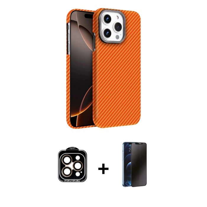 MARSİLYAN™- iPhone 15 Pro Max Kılıf Doruk Serisi - Siyah 3D Antistatik Hayalet Cam Ekran Koruyucu + PVD Metal Kamera Lens - TU