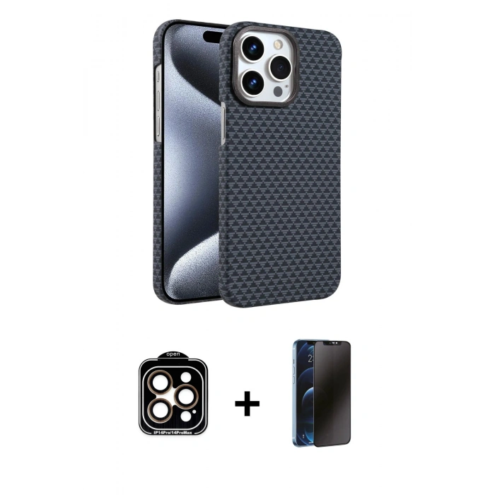 MARSİLYAN™- iPhone 15 Pro Max Kılıf Doruk Serisi - Siyah 3D Antistatik Hayalet Cam Ekran Koruyucu + PVD Metal Kamera Lens - TU
