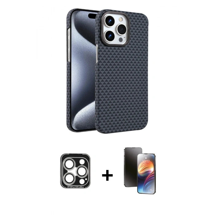 MARSİLYAN™- iPhone 15 Pro Max Kılıf Doruk Serisi - Siyah 3D Antistatik Mat Seramik Nano Ekran Koruyucu + PVD Metal Kamera Lens - GS