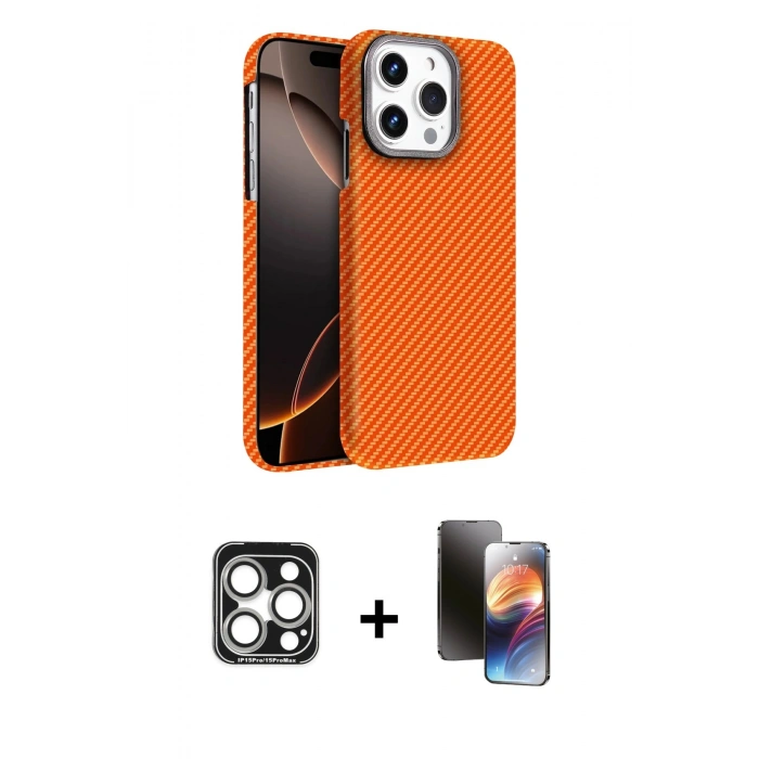 MARSİLYAN™- iPhone 15 Pro Max Kılıf Doruk Serisi - Siyah 3D Antistatik Mat Seramik Nano Ekran Koruyucu + PVD Metal Kamera Lens - GS