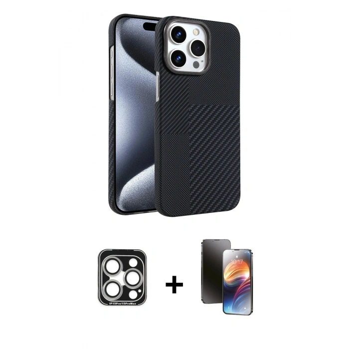 MARSİLYAN™- iPhone 15 Pro Max Kılıf Doruk Serisi - Siyah 3D Antistatik Mat Seramik Nano Ekran Koruyucu + PVD Metal Kamera Lens - GS