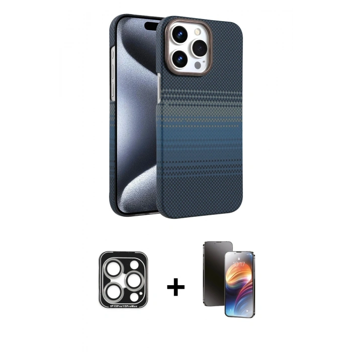 MARSİLYAN™- iPhone 15 Pro Max Kılıf Doruk Serisi - Siyah 3D Antistatik Mat Seramik Nano Ekran Koruyucu + PVD Metal Kamera Lens - GS