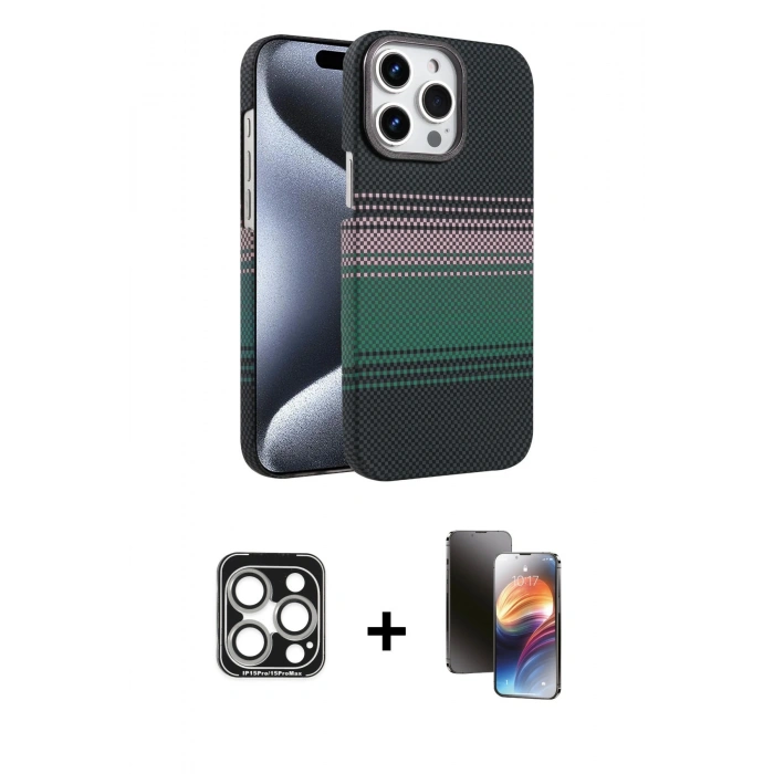 MARSİLYAN™- iPhone 15 Pro Max Kılıf Doruk Serisi - Siyah 3D Antistatik Mat Seramik Nano Ekran Koruyucu + PVD Metal Kamera Lens - GS