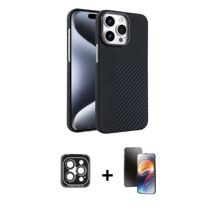 MARSİLYAN™- iPhone 15 Pro Max Kılıf Doruk Serisi - Siyah 3D Antistatik Mat Seramik Nano Ekran Koruyucu + PVD Metal Kamera Lens - GI