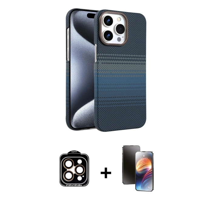 MARSİLYAN™- iPhone 15 Pro Max Kılıf Doruk Serisi - Siyah 3D Antistatik Mat Seramik Nano Ekran Koruyucu + PVD Metal Kamera Lens - TU