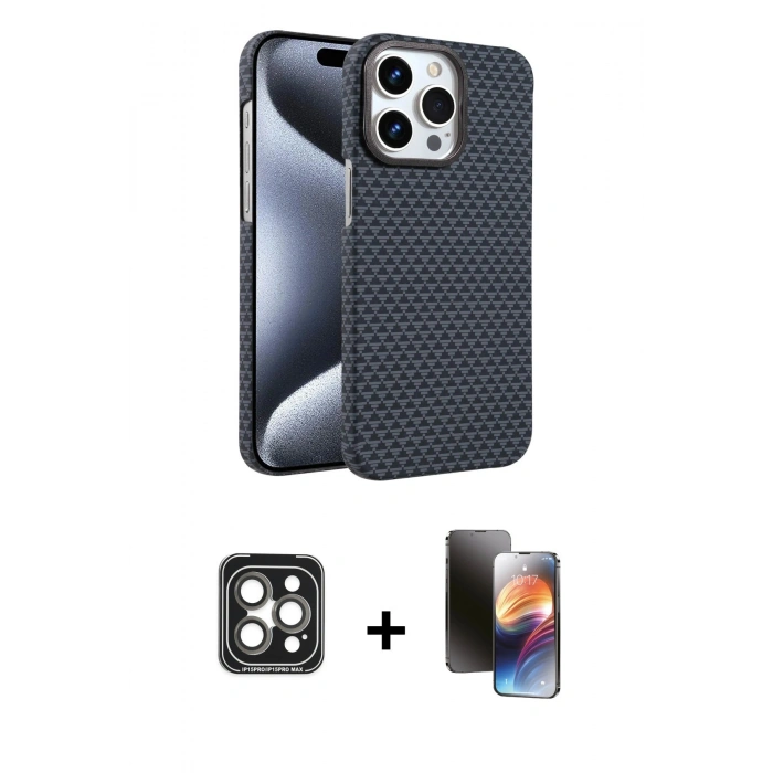 MARSİLYAN™- iPhone 15 Pro Max Kılıf Doruk Serisi - Siyah 3D Antistatik Mat Seramik Nano Ekran Koruyucu + PVD Metal Kamera Lens - GI