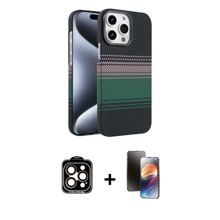 MARSİLYAN™- iPhone 15 Pro Max Kılıf Doruk Serisi - Siyah 3D Antistatik Mat Seramik Nano Ekran Koruyucu + PVD Metal Kamera Lens - TU