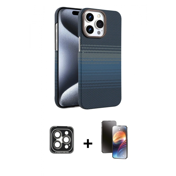 MARSİLYAN™- iPhone 15 Pro Max Kılıf Doruk Serisi - Siyah 3D Antistatik Mat Seramik Nano Ekran Koruyucu + PVD Metal Kamera Lens - GI