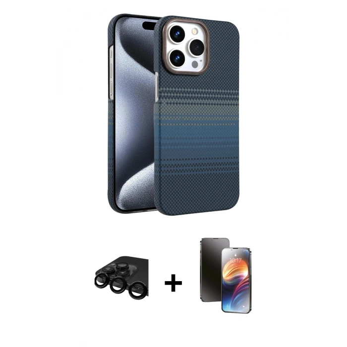 MARSİLYAN™- iPhone 15 Pro Max Kılıf Doruk Serisi - Siyah 3D Antistatik Mat Seramik Nano Ekran Koruyucu + Raze Metal Kamera Lens - SH
