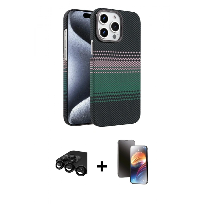 MARSİLYAN™- iPhone 15 Pro Max Kılıf Doruk Serisi - Siyah 3D Antistatik Mat Seramik Nano Ekran Koruyucu + Raze Metal Kamera Lens - SH
