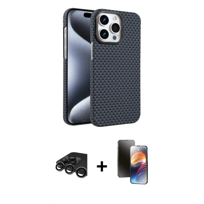 MARSİLYAN™- iPhone 15 Pro Max Kılıf Doruk Serisi - Siyah 3D Antistatik Mat Seramik Nano Ekran Koruyucu + Raze Metal Kamera Lens - TMGI
