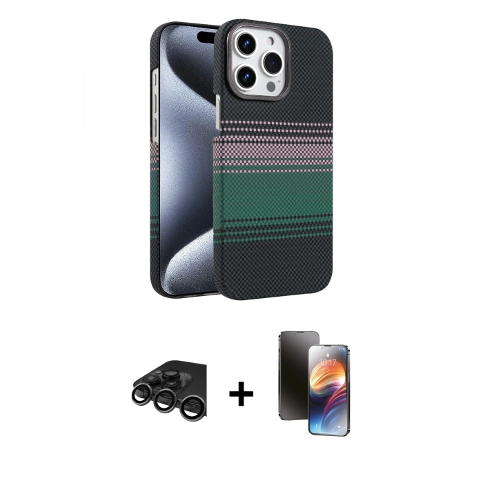 MARSİLYAN™- iPhone 15 Pro Max Kılıf Doruk Serisi - Siyah 3D Antistatik Mat Seramik Nano Ekran Koruyucu + Raze Metal Kamera Lens - TMGI