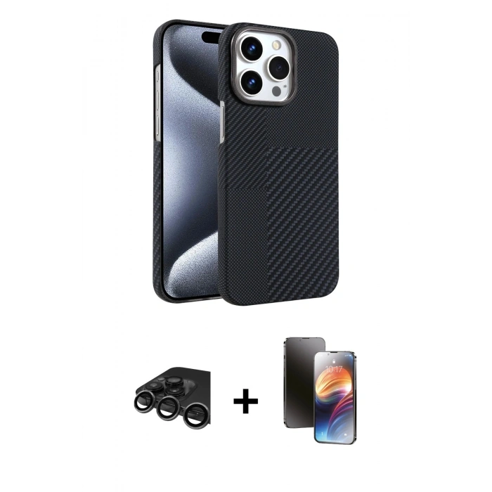 MARSİLYAN™- iPhone 15 Pro Max Kılıf Doruk Serisi - Siyah 3D Antistatik Mat Seramik Nano Ekran Koruyucu + Raze Metal Kamera Lens - TMGI