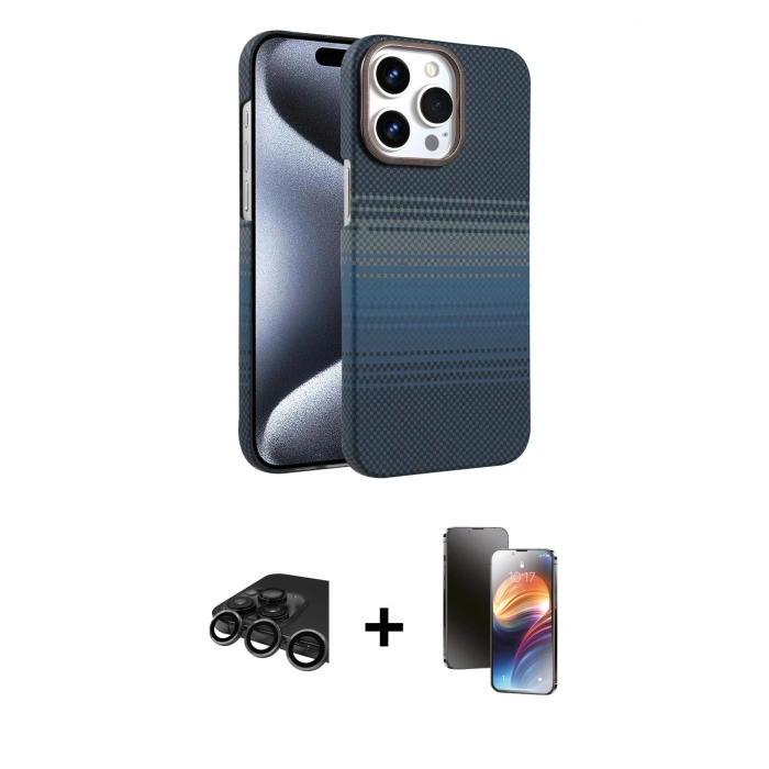 MARSİLYAN™- iPhone 15 Pro Max Kılıf Doruk Serisi - Siyah 3D Antistatik Mat Seramik Nano Ekran Koruyucu + Raze Metal Kamera Lens - TMGI