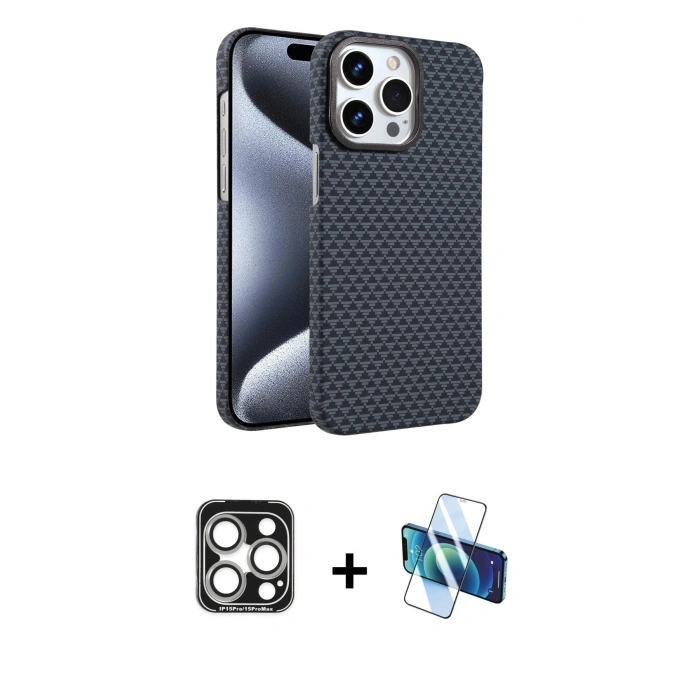 MARSİLYAN™- iPhone 15 Pro Max Kılıf Doruk Serisi - Siyah 3D Antistatik Seramik Nano Ekran Koruyucu + PVD Metal Kamera Lens - GS