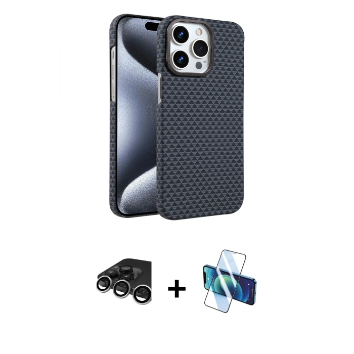 MARSİLYAN™- iPhone 15 Pro Max Kılıf Doruk Serisi - Siyah 3D Antistatik Seramik Nano Ekran Koruyucu + Raze Metal Kamera Lens - GS