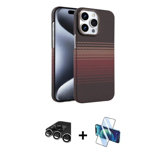 MARSİLYAN™- iPhone 15 Pro Max Kılıf Doruk Serisi - Siyah 3D Antistatik Seramik Nano Ekran Koruyucu + Raze Metal Kamera Lens - GS