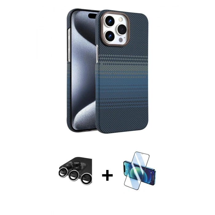 MARSİLYAN™- iPhone 15 Pro Max Kılıf Doruk Serisi - Siyah 3D Antistatik Seramik Nano Ekran Koruyucu + Raze Metal Kamera Lens - GS