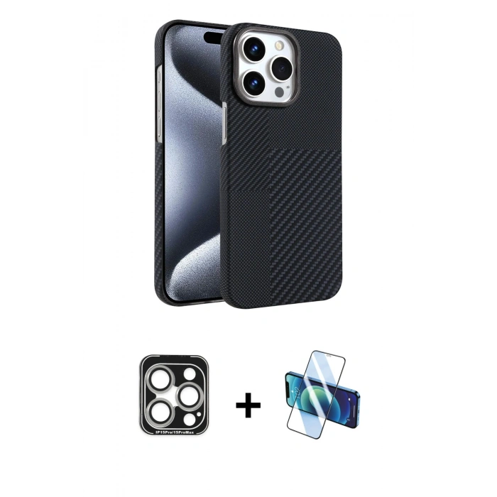 MARSİLYAN™- iPhone 15 Pro Max Kılıf Doruk Serisi - Siyah 3D Antistatik Seramik Nano Ekran Koruyucu + PVD Metal Kamera Lens - GS