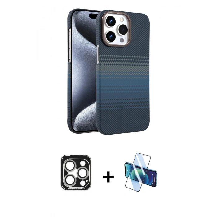 MARSİLYAN™- iPhone 15 Pro Max Kılıf Doruk Serisi - Siyah 3D Antistatik Seramik Nano Ekran Koruyucu + PVD Metal Kamera Lens - GS