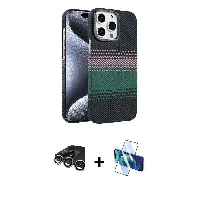 MARSİLYAN™- iPhone 15 Pro Max Kılıf Doruk Serisi - Siyah 3D Antistatik Seramik Nano Ekran Koruyucu + Raze Metal Kamera Lens - GS