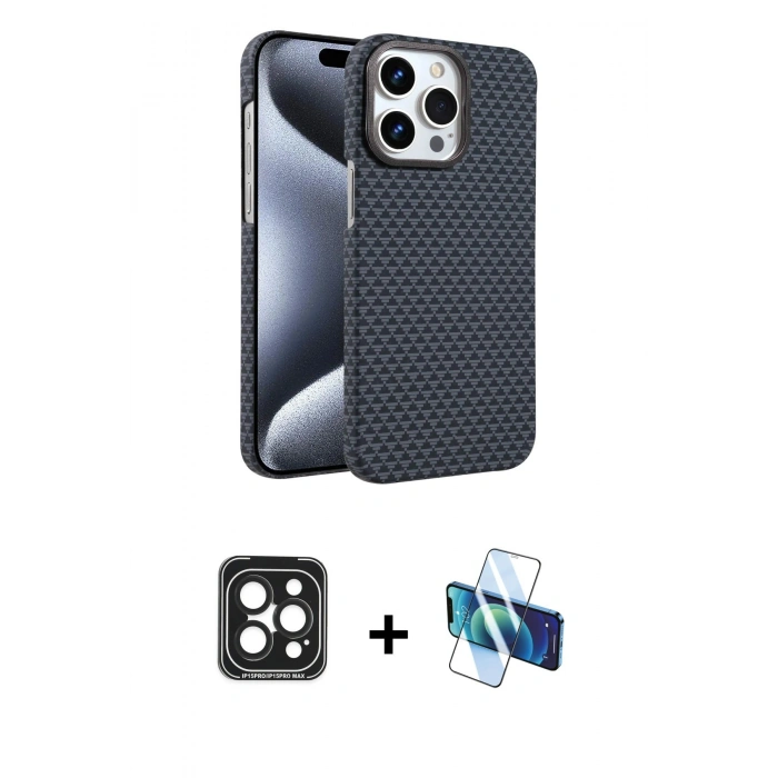 MARSİLYAN™- iPhone 15 Pro Max Kılıf Doruk Serisi - Siyah 3D Antistatik Seramik Nano Ekran Koruyucu + PVD Metal Kamera Lens - SH