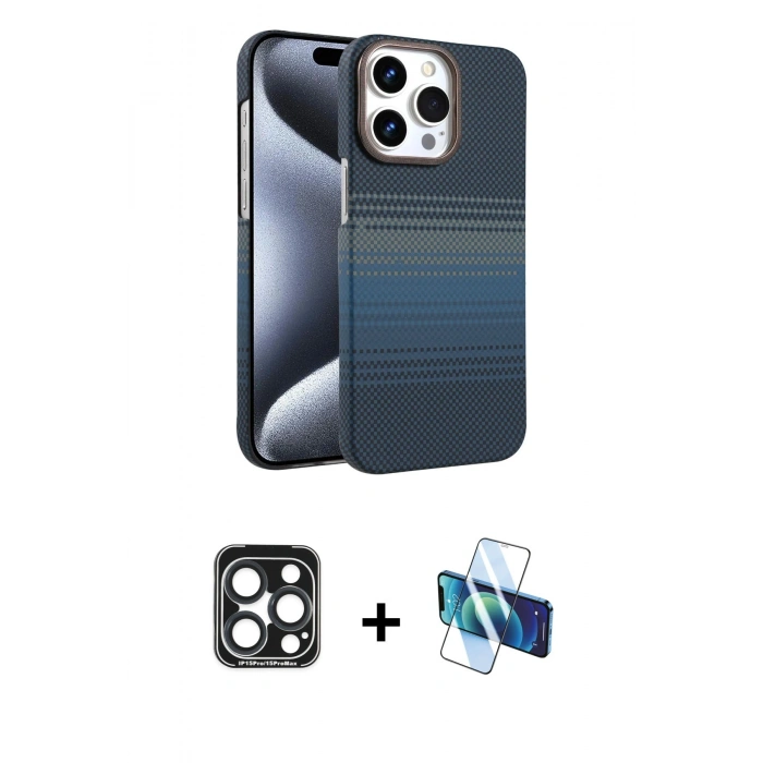 MARSİLYAN™- iPhone 15 Pro Max Kılıf Doruk Serisi - Siyah 3D Antistatik Seramik Nano Ekran Koruyucu + PVD Metal Kamera Lens - LT