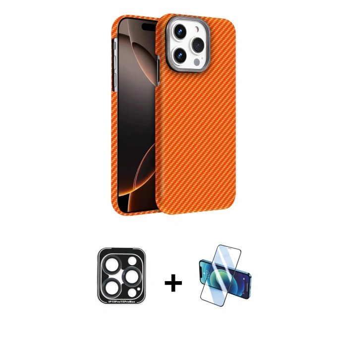 MARSİLYAN™- iPhone 15 Pro Max Kılıf Doruk Serisi - Siyah 3D Antistatik Seramik Nano Ekran Koruyucu + PVD Metal Kamera Lens - LT