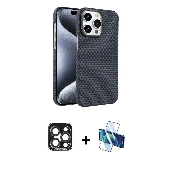 MARSİLYAN™- iPhone 15 Pro Max Kılıf Doruk Serisi - Siyah 3D Antistatik Seramik Nano Ekran Koruyucu + PVD Metal Kamera Lens - LT