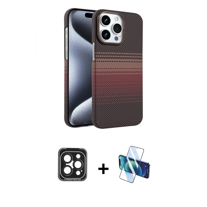 MARSİLYAN™- iPhone 15 Pro Max Kılıf Doruk Serisi - Siyah 3D Antistatik Seramik Nano Ekran Koruyucu + PVD Metal Kamera Lens - SH