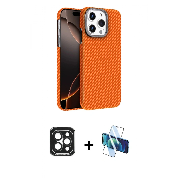 MARSİLYAN™- iPhone 15 Pro Max Kılıf Doruk Serisi - Siyah 3D Antistatik Seramik Nano Ekran Koruyucu + PVD Metal Kamera Lens - SH