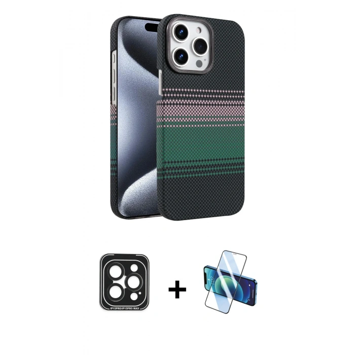 MARSİLYAN™- iPhone 15 Pro Max Kılıf Doruk Serisi - Siyah 3D Antistatik Seramik Nano Ekran Koruyucu + PVD Metal Kamera Lens - SH