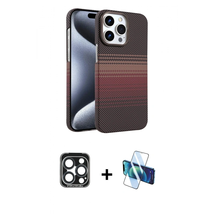 MARSİLYAN™- iPhone 15 Pro Max Kılıf Doruk Serisi - Siyah 3D Antistatik Seramik Nano Ekran Koruyucu + PVD Metal Kamera Lens - LT